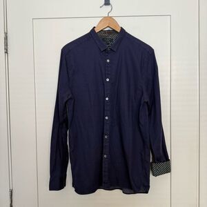 Ted Baker Shirt Men Sz L (5) Navy Blue Contrast Cuff Slim Stretch Preppy Office